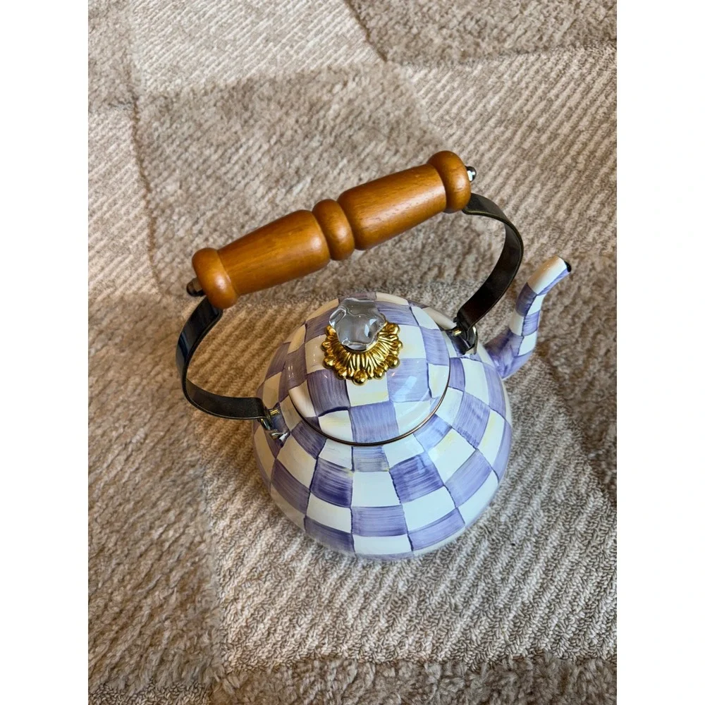 MacKenzie-Childs Violet Check Tea Kettle 3QT Enamel Purple Hand Painted NEW‎